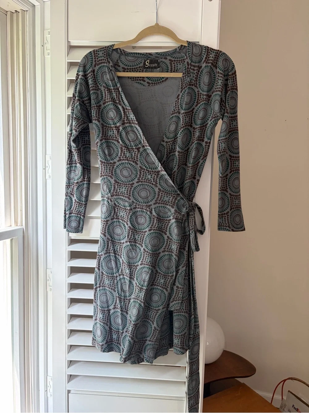 SAS Teal & Gray Patterned Long Sleeve Wrap Dress